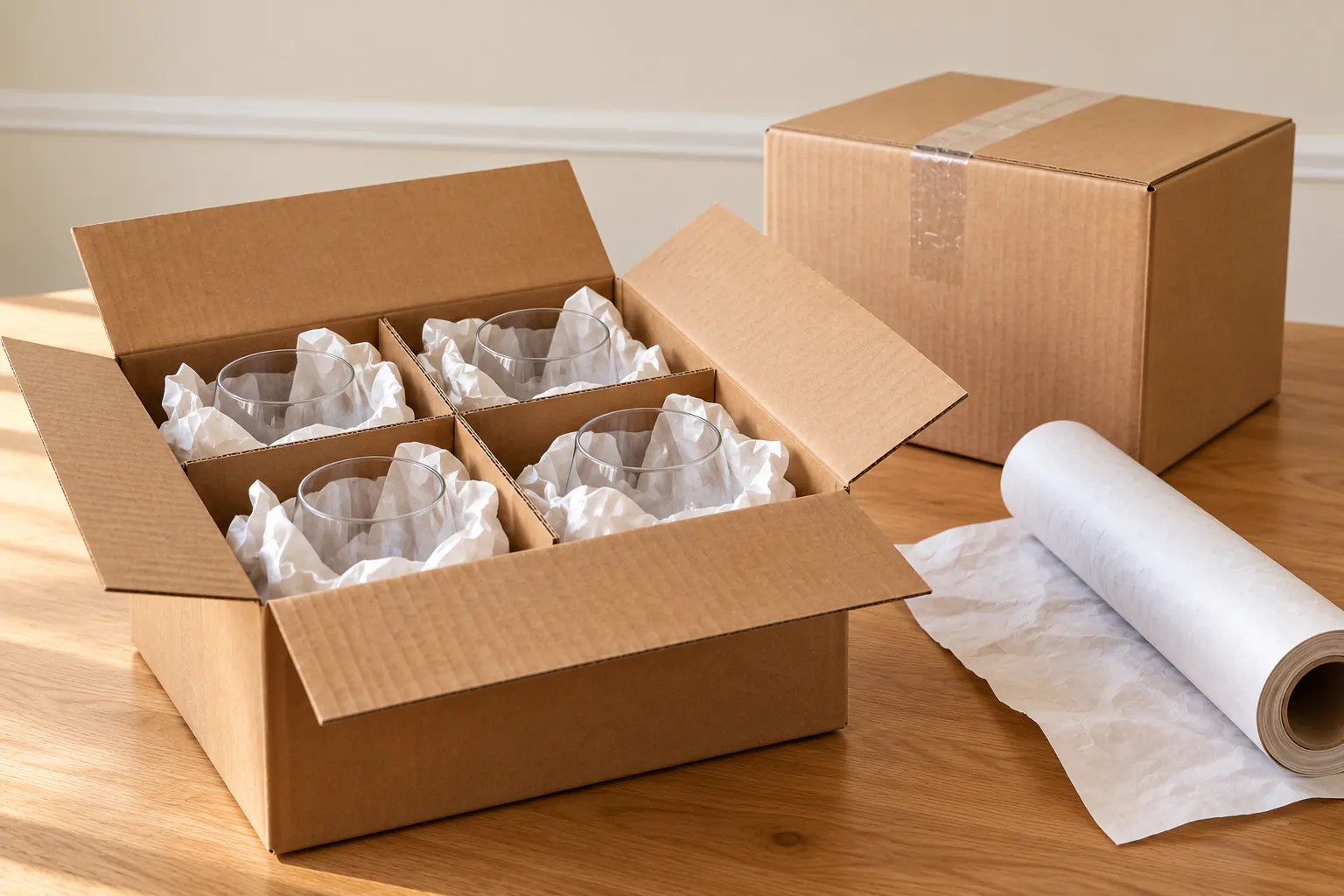 Glassware and moving cartons in a Lebanon, TN living room Glassware and moving cartons in a Lebanon, TN living room